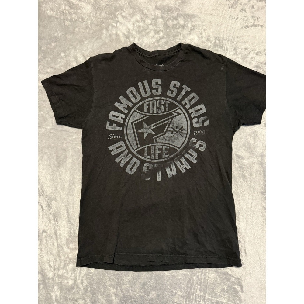 Famous Stars & Straps T-Shirt Mens L Black Vintage Graphic Print Short Sleeve
